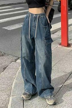 Vintage Cargo Jeans with Seam Detail: Y2K Fashion Aesthetic for Women