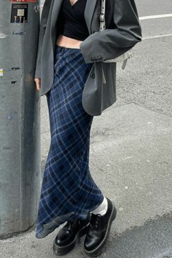 Vintage Checkered Maxi Skirt in Y2K Fashion Style for Coquette and Grunge Aesthetic Women