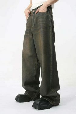 Vintage Coated Baggy Jeans - Y2K Aesthetic Denim - Grunge Style Cargo Skirt - Coquette Fashion