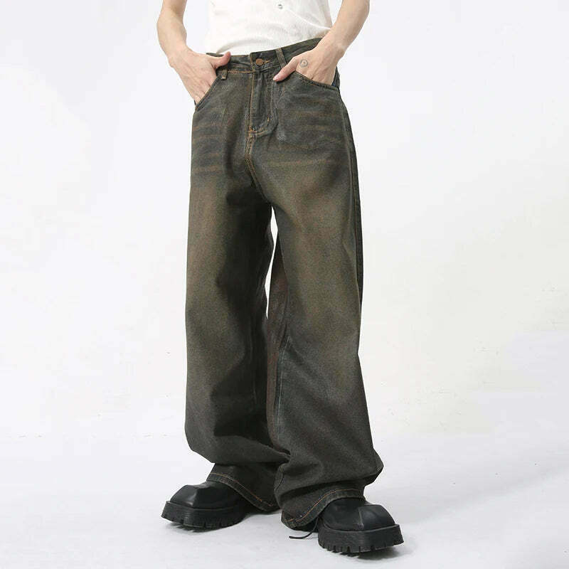 Vintage Coated Baggy Jeans - Y2K Aesthetic Denim - Grunge Style Cargo Skirt - Coquette Fashion