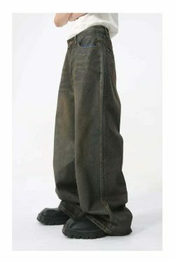 Vintage Coated Baggy Jeans - Y2K Aesthetic Denim - Grunge Style Cargo Skirt - Coquette Fashion