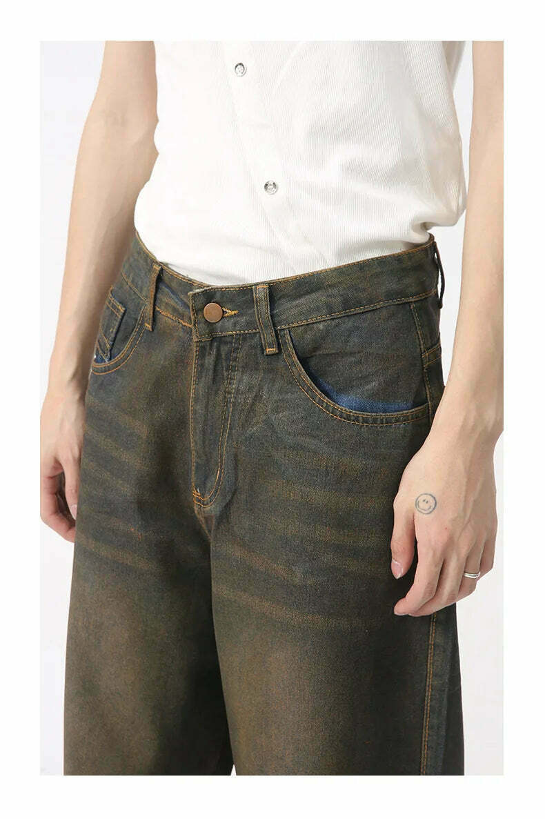 Vintage Coated Baggy Jeans - Y2K Aesthetic Denim - Grunge Style Cargo Skirt - Coquette Fashion
