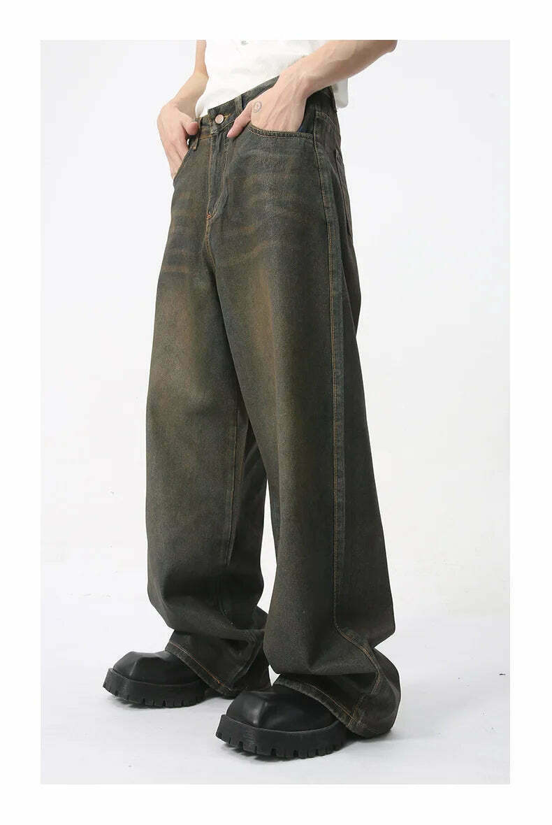 Vintage Coated Baggy Jeans - Y2K Aesthetic Denim - Grunge Style Cargo Skirt - Coquette Fashion