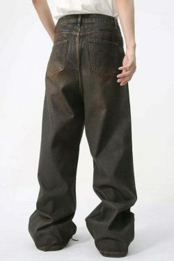 Vintage Coated Baggy Jeans - Y2K Aesthetic Denim - Grunge Style Cargo Skirt - Coquette Fashion