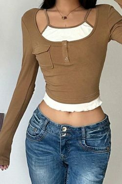 Vintage Contrast Fake Two Piece Cropped Long Sleeve Tee