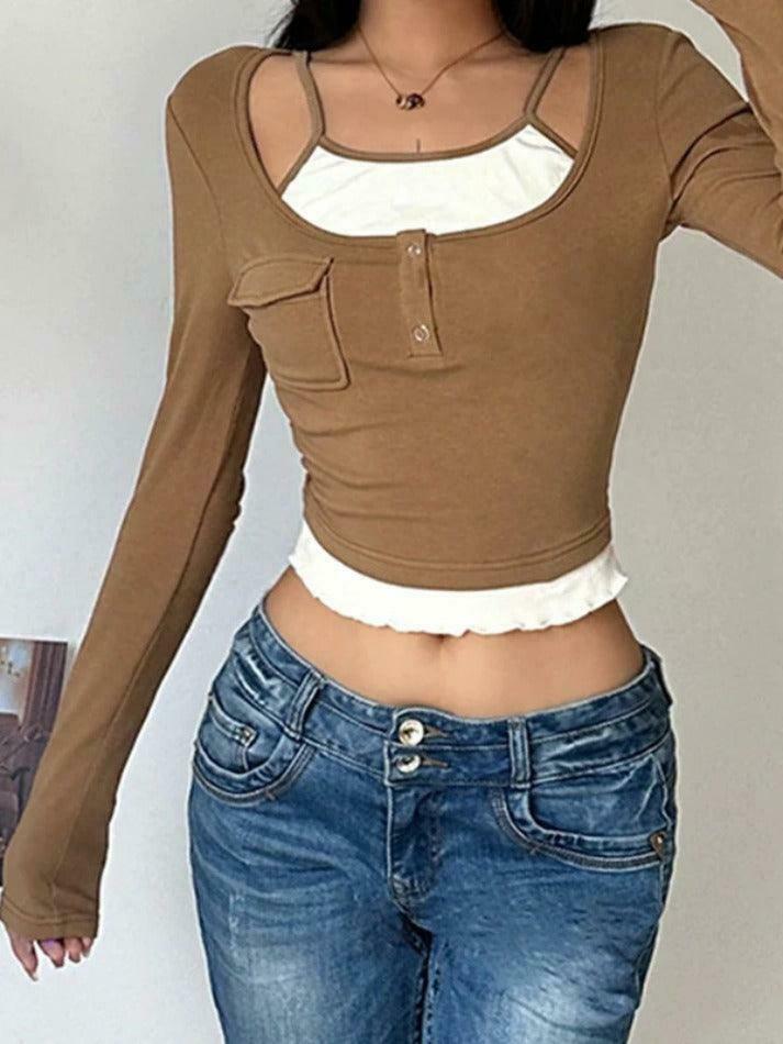 Vintage Contrast Fake Two Piece Cropped Long Sleeve Tee Vintage Contrast Fake Two Piece Cropped Long Sleeve Tee
