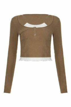 Vintage Contrast Fake Two Piece Cropped Long Sleeve Tee