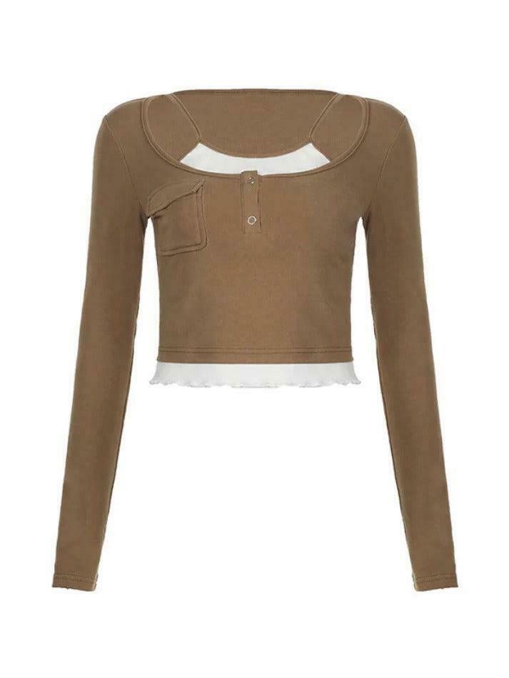 Vintage Contrast Fake Two Piece Cropped Long Sleeve Tee Vintage Contrast Fake Two Piece Cropped Long Sleeve Tee