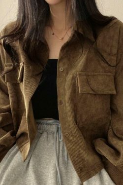 Vintage Corduroy Lapel Neck Button Blouse - Y2K Fashion Staple for Coquette & Grunge