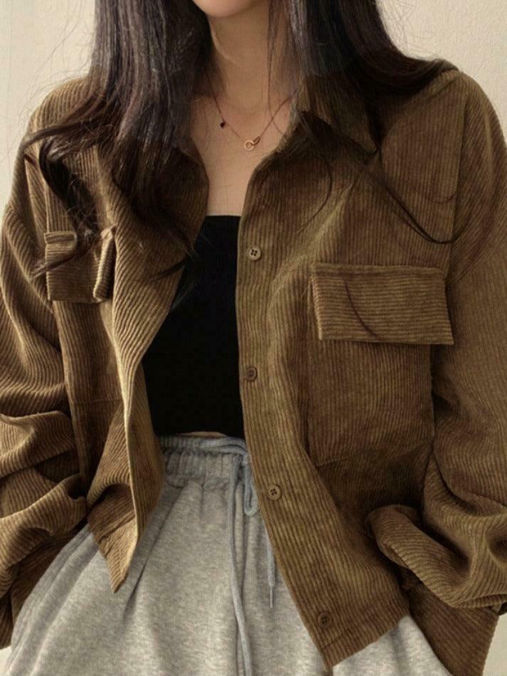 Vintage Corduroy Lapel Neck Button Blouse - Y2K Fashion Staple for Coquette & Grunge Vintage Corduroy Lapel Neck Button Blouse - Y2K Fashion Staple for Coquette & Grunge