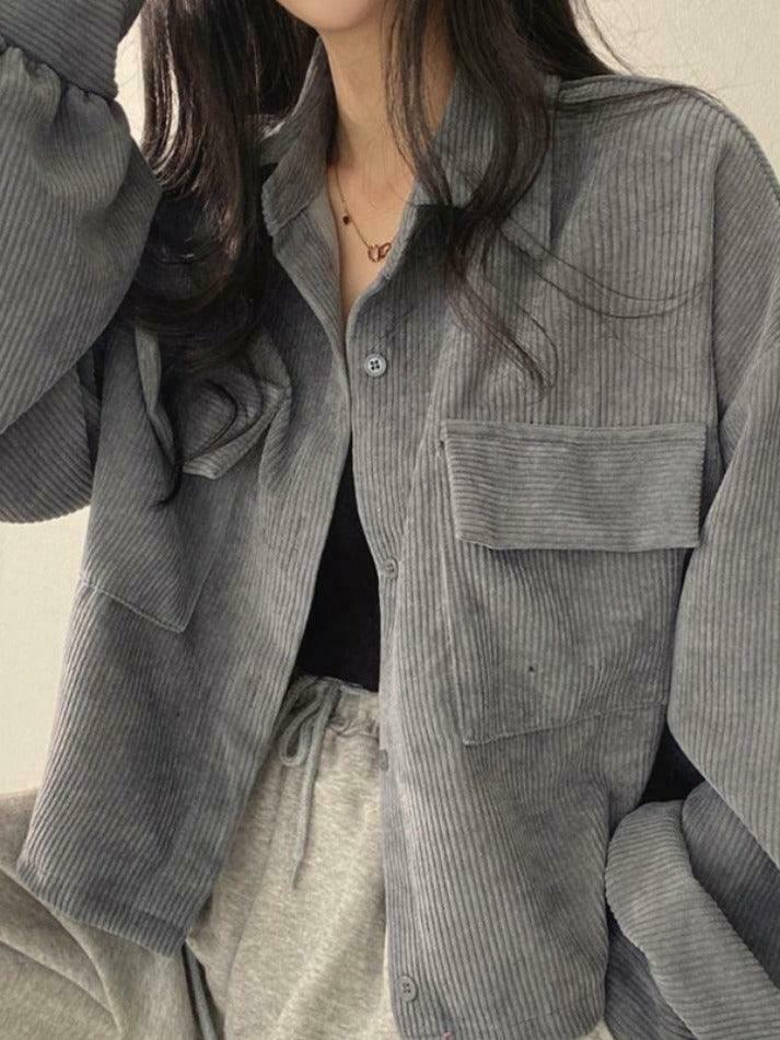 Vintage Corduroy Lapel Neck Button Blouse - Y2K Fashion Staple for Coquette & Grunge Vintage Corduroy Lapel Neck Button Blouse - Y2K Fashion Staple for Coquette & Grunge