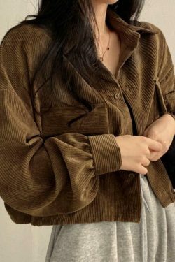 Vintage Corduroy Lapel Neck Button Blouse - Y2K Fashion Staple for Coquette & Grunge