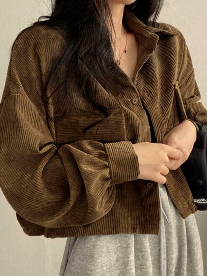 Vintage Corduroy Lapel Neck Button Blouse - Y2K Fashion Staple for Coquette & Grunge Vintage Corduroy Lapel Neck Button Blouse - Y2K Fashion Staple for Coquette & Grunge