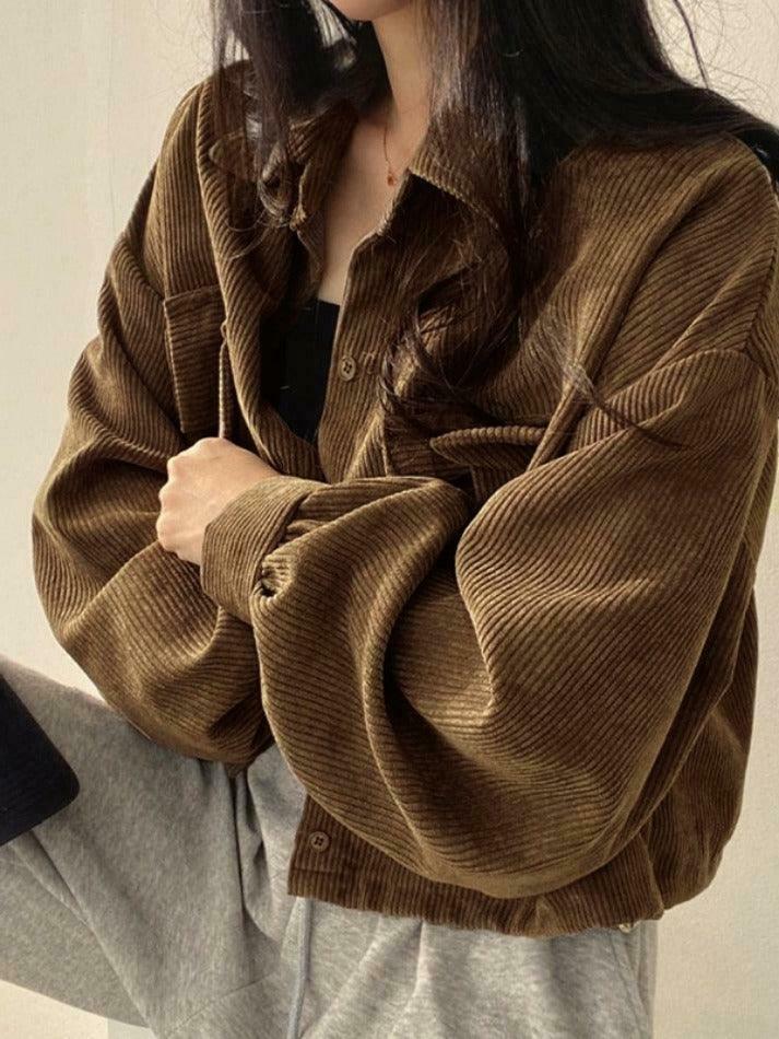 Vintage Corduroy Lapel Neck Button Blouse - Y2K Fashion Staple for Coquette & Grunge Vintage Corduroy Lapel Neck Button Blouse - Y2K Fashion Staple for Coquette & Grunge