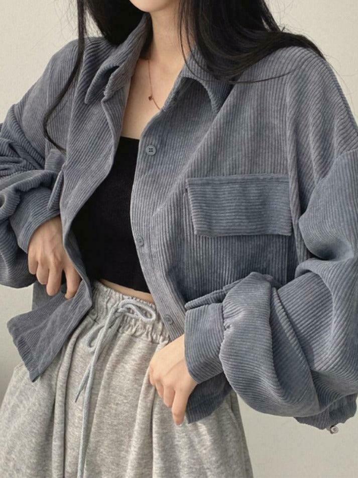Vintage Corduroy Lapel Neck Button Blouse - Y2K Fashion Staple for Coquette & Grunge Vintage Corduroy Lapel Neck Button Blouse - Y2K Fashion Staple for Coquette & Grunge