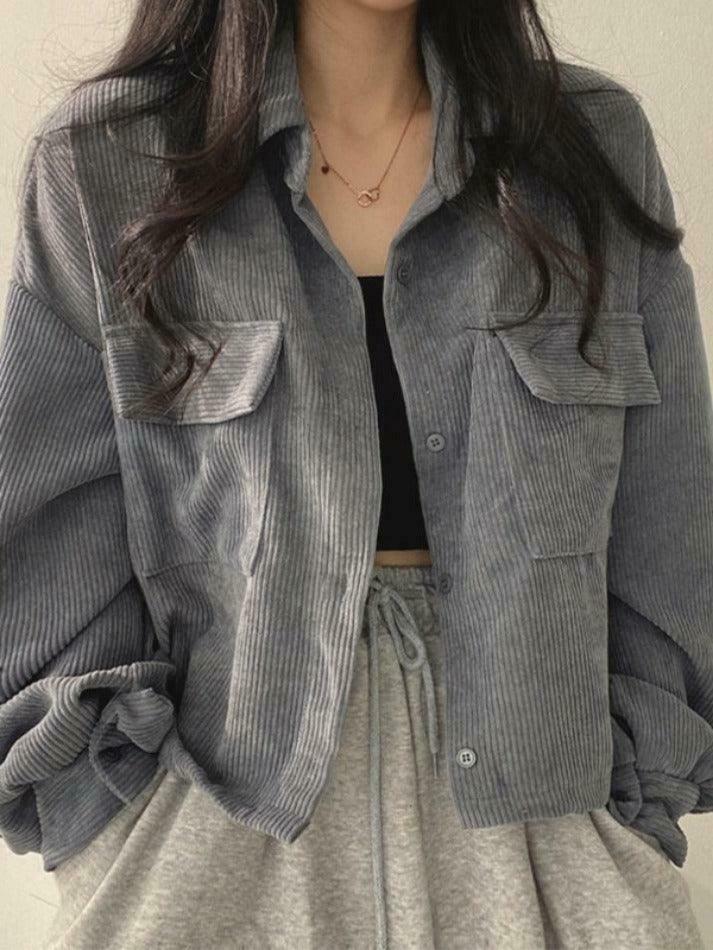 Vintage Corduroy Lapel Neck Button Blouse - Y2K Fashion Staple for Coquette & Grunge Vintage Corduroy Lapel Neck Button Blouse - Y2K Fashion Staple for Coquette & Grunge