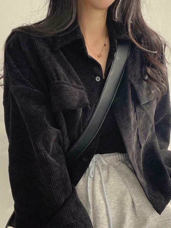 Vintage Corduroy Lapel Neck Button Blouse - Y2K Fashion Staple for Coquette & Grunge Vintage Corduroy Lapel Neck Button Blouse - Y2K Fashion Staple for Coquette & Grunge
