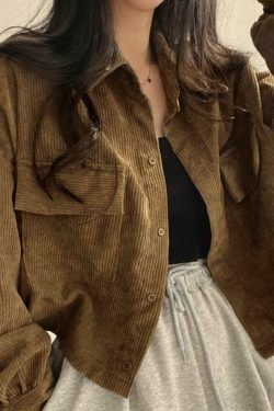 Vintage Corduroy Lapel Neck Button Blouse - Y2K Fashion Staple for Coquette & Grunge