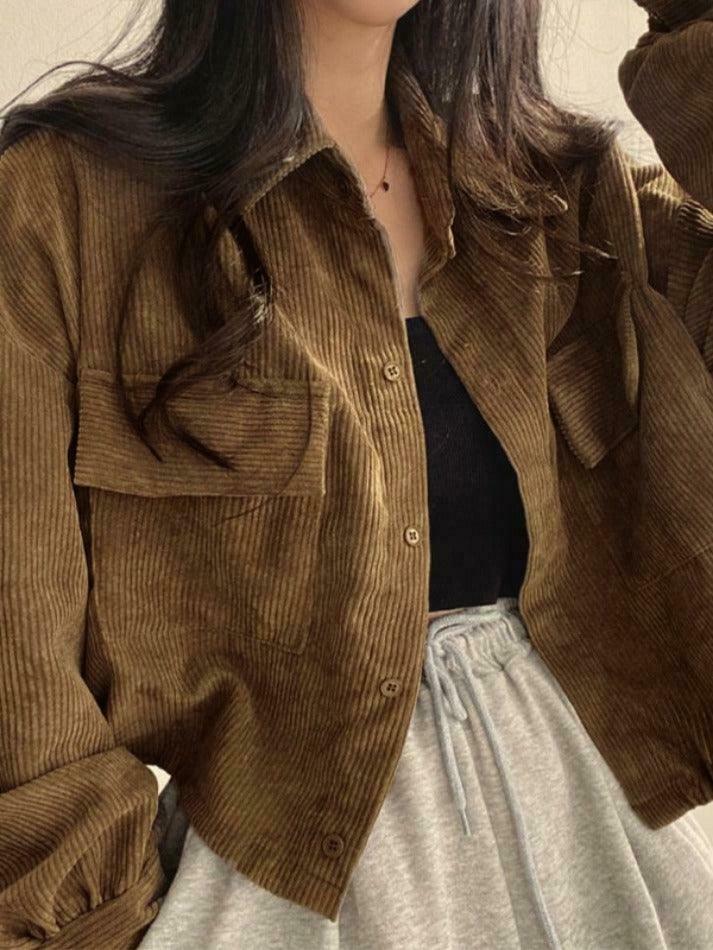 Vintage Corduroy Lapel Neck Button Blouse - Y2K Fashion Staple for Coquette & Grunge Vintage Corduroy Lapel Neck Button Blouse - Y2K Fashion Staple for Coquette & Grunge
