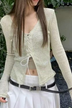 Vintage Cross Lace Up V Neck Long Sleeve Knit Sweater