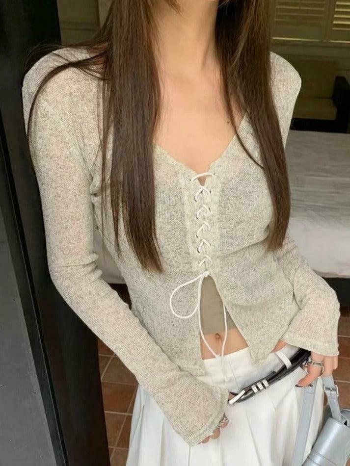 Vintage Cross Lace Up V Neck Long Sleeve Knit Sweater Vintage Cross Lace Up V Neck Long Sleeve Knit Sweater