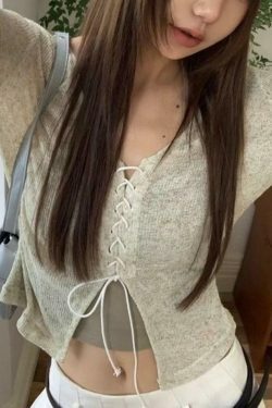 Vintage Cross Lace Up V Neck Long Sleeve Knit Sweater