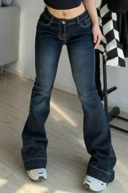 Vintage Cross Rhinestone Print Flare Jeans - Y2K Fashion Statement Piece with Unique Aesthetic