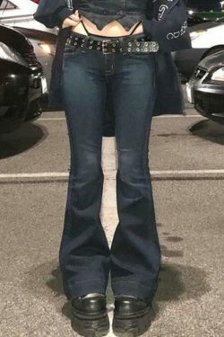 Vintage Cross Rhinestone Print Flare Jeans - Y2K Fashion Statement Piece with Unique Aesthetic