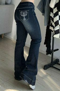 Vintage Cross Rhinestone Print Flare Jeans - Y2K Fashion Statement Piece with Unique Aesthetic