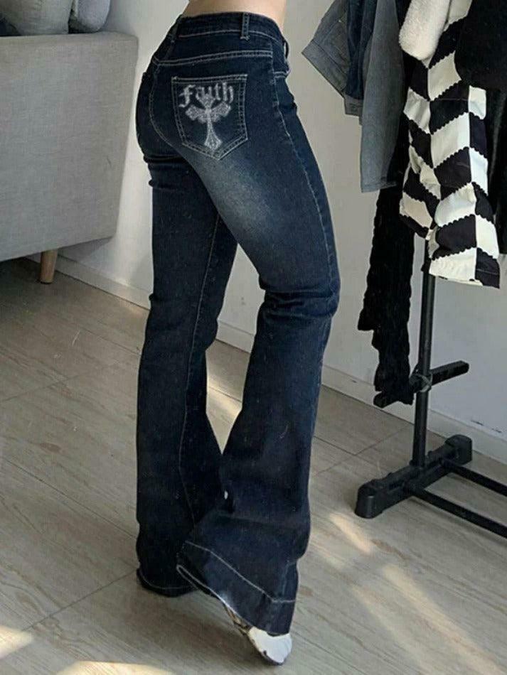 Vintage Cross Rhinestone Print Flare Jeans - Y2K Fashion Statement Piece with Unique Aesthetic Vintage Cross Rhinestone Print Flare Jeans - Y2K Fashion Statement Piece with Unique Aesthetic