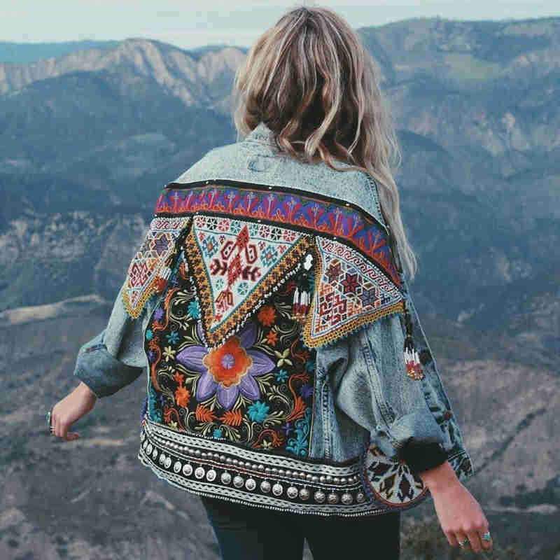 Vintage Denim Jacket with Boho Floral Appliques - Y2K Aesthetic Outerwear for Women