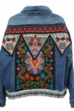 Vintage Denim Jacket with Boho Floral Appliques - Y2K Aesthetic Outerwear for Women
