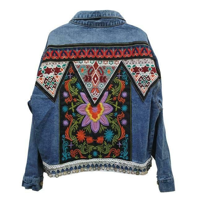 Vintage Denim Jacket with Boho Floral Appliques - Y2K Aesthetic Outerwear for Women