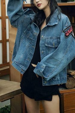 Vintage Denim Jacket with Boho Floral Appliques - Y2K Aesthetic Outerwear for Women