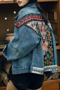Vintage Denim Jacket with Boho Floral Appliques - Y2K Aesthetic Outerwear for Women