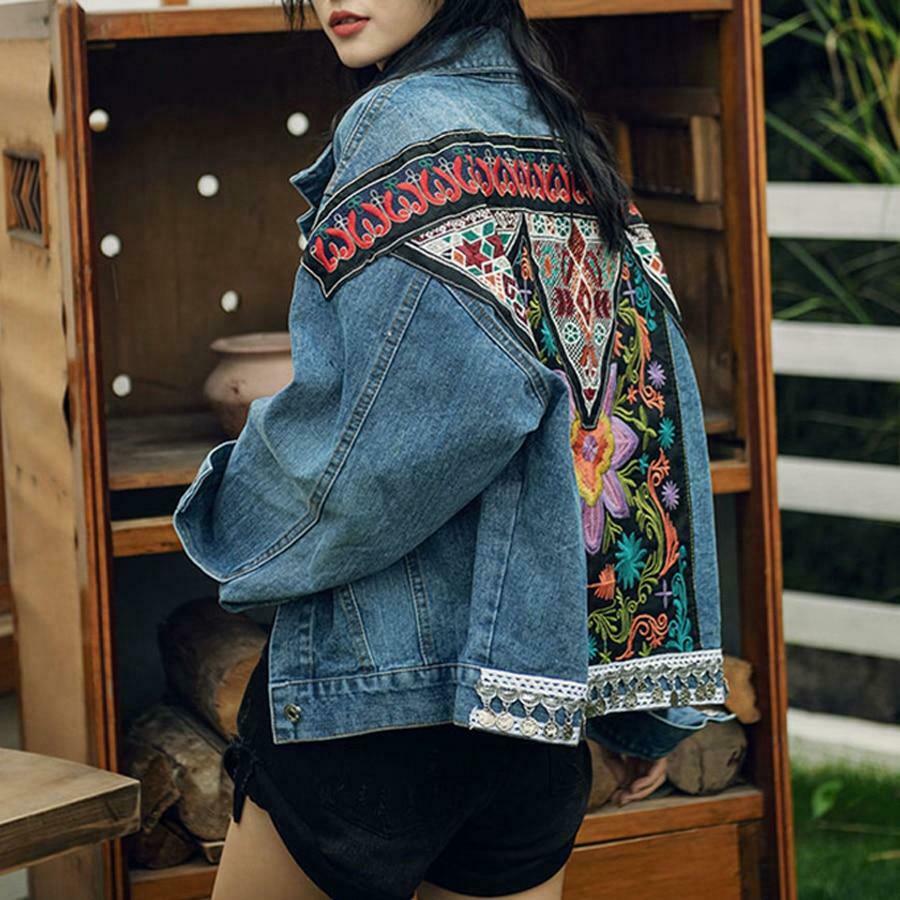 Vintage Denim Jacket with Boho Floral Appliques - Y2K Aesthetic Outerwear for Women
