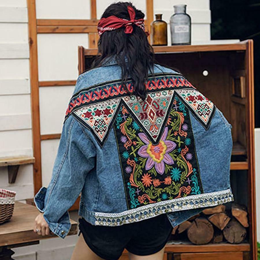Vintage Denim Jacket with Boho Floral Appliques - Y2K Aesthetic Outerwear for Women