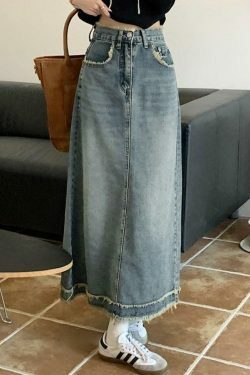 Vintage Denim Midi Skirt with Raw Edge Hem - Y2K Fashion Aesthetic for Women