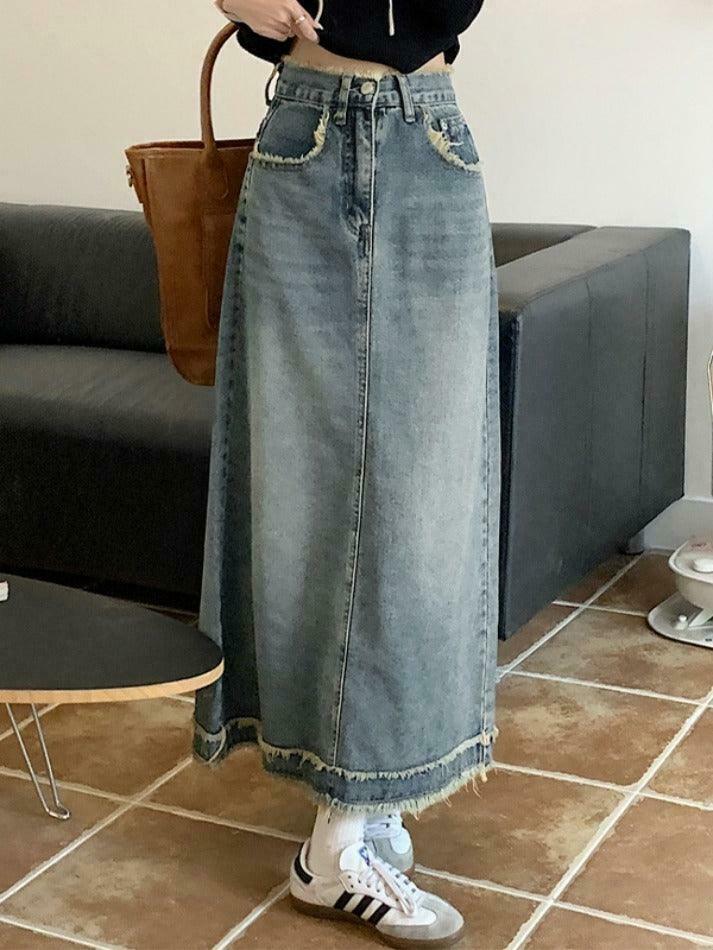 Vintage Denim Midi Skirt with Raw Edge Hem - Y2K Fashion Aesthetic for Women Vintage Denim Midi Skirt with Raw Edge Hem - Y2K Fashion Aesthetic for Women