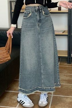 Vintage Denim Midi Skirt with Raw Edge Hem - Y2K Fashion Aesthetic for Women