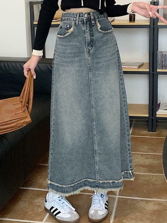 Vintage Denim Midi Skirt with Raw Edge Hem - Y2K Fashion Aesthetic for Women Vintage Denim Midi Skirt with Raw Edge Hem - Y2K Fashion Aesthetic for Women