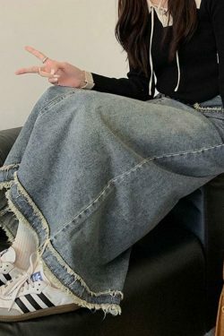 Vintage Denim Midi Skirt with Raw Edge Hem - Y2K Fashion Aesthetic for Women