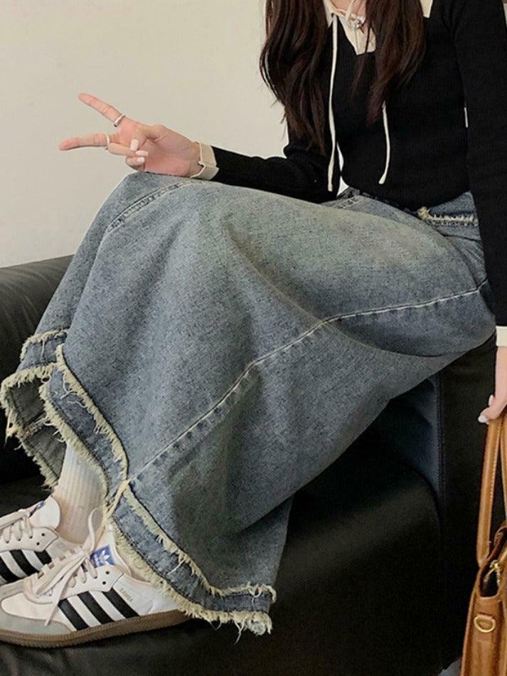 Vintage Denim Midi Skirt with Raw Edge Hem - Y2K Fashion Aesthetic for Women Vintage Denim Midi Skirt with Raw Edge Hem - Y2K Fashion Aesthetic for Women