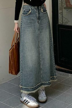 Vintage Denim Midi Skirt with Raw Edge Hem - Y2K Fashion Aesthetic for Women