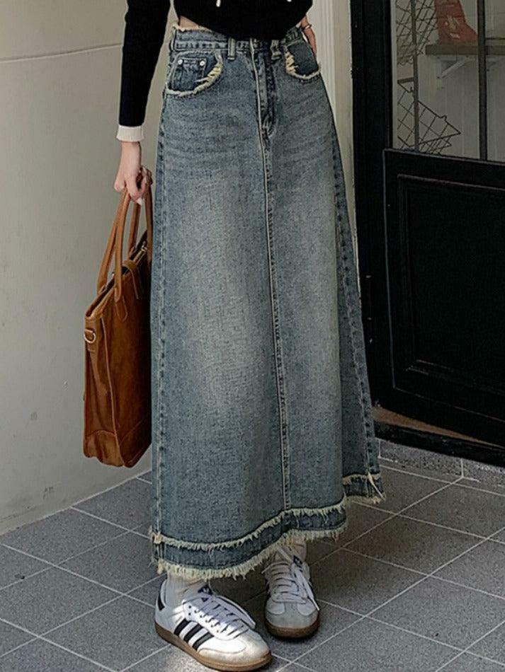 Vintage Denim Midi Skirt with Raw Edge Hem - Y2K Fashion Aesthetic for Women Vintage Denim Midi Skirt with Raw Edge Hem - Y2K Fashion Aesthetic for Women