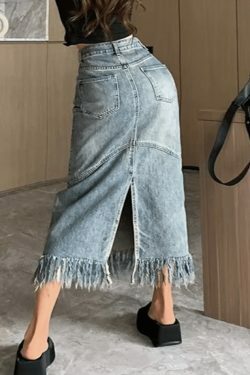 Vintage Denim Skirt with Fringed Detail - Y2K Fashion Statement for Women