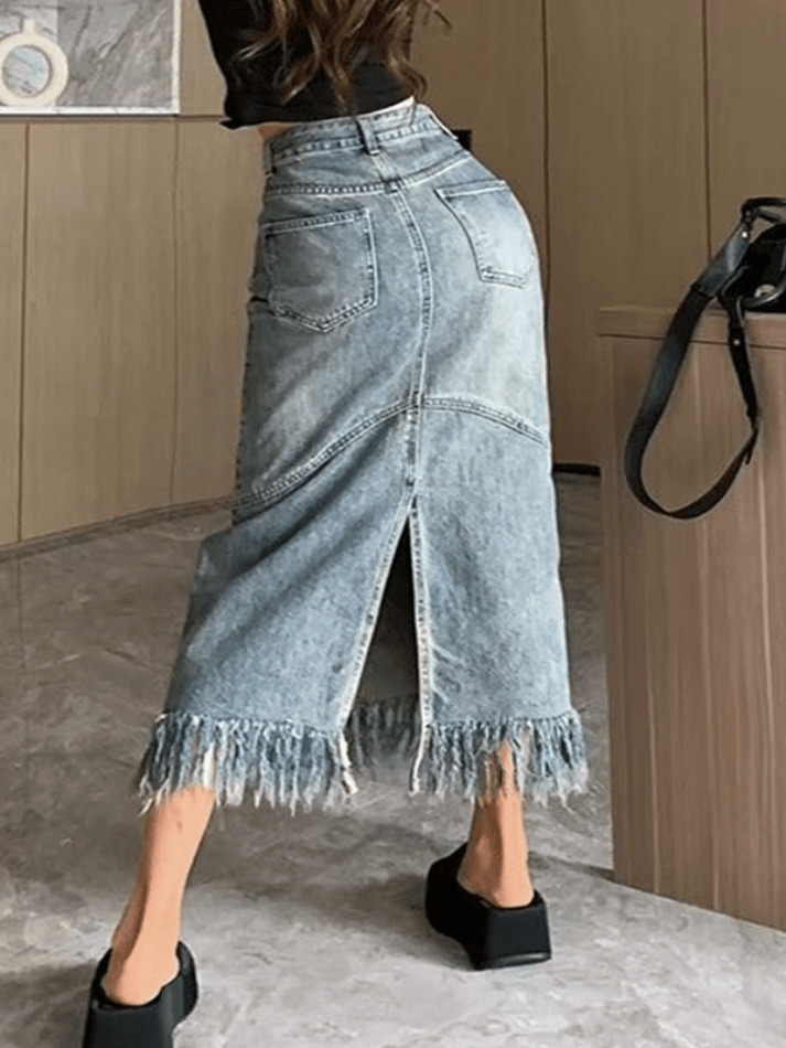 Vintage Denim Skirt with Fringed Detail - Y2K Fashion Statement for Women Vintage Denim Skirt with Fringed Detail - Y2K Fashion Statement for Women