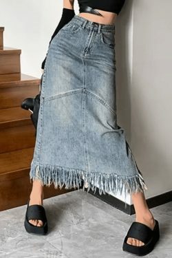 Vintage Denim Skirt with Fringed Detail - Y2K Fashion Statement for Women