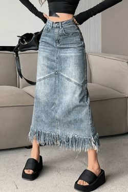 Vintage Denim Skirt with Fringed Detail - Y2K Fashion Statement for Women