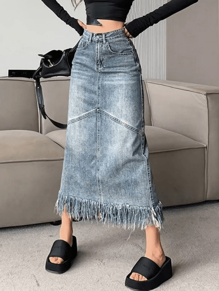 Vintage Denim Skirt with Fringed Detail - Y2K Fashion Statement for Women Vintage Denim Skirt with Fringed Detail - Y2K Fashion Statement for Women